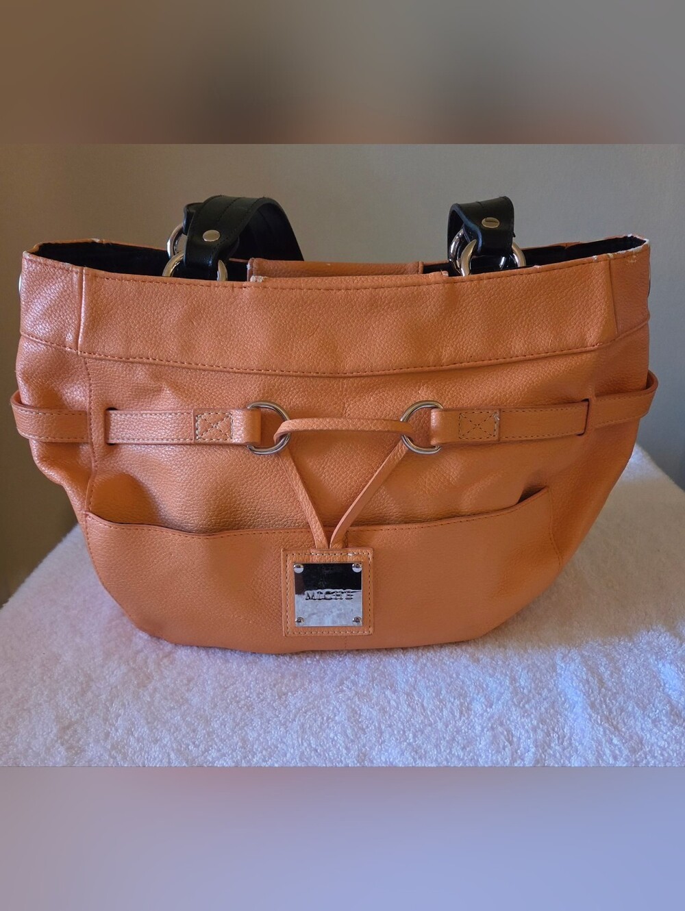 MICHE Orange Faux Leather Tote Bag with Black Handles